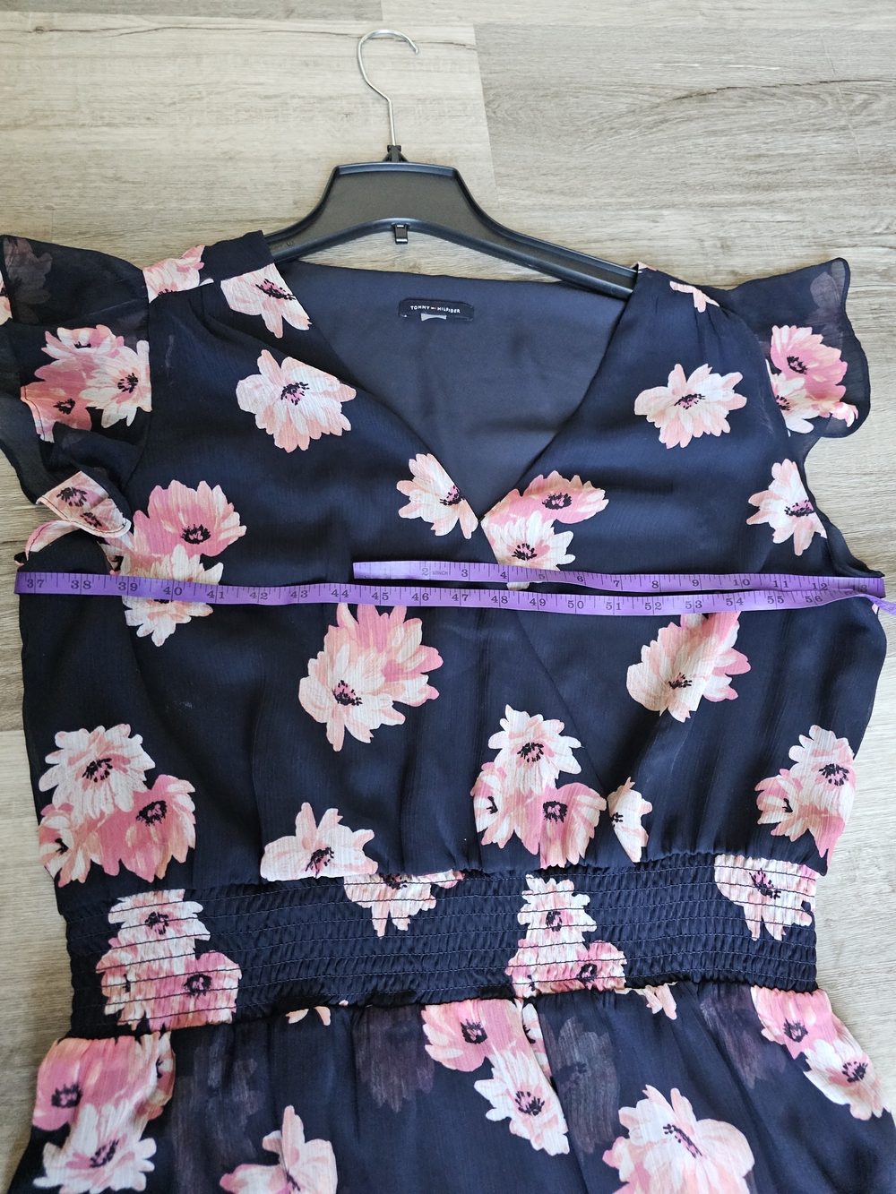Tommy Hilfiger Navy Blue Pink Floral Faux Wrap Dress Flutter Sleeve XL / 14-16 - Picture 11 of 16